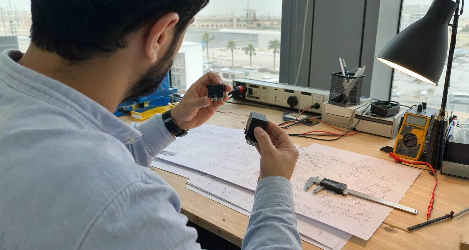 Engineer comparing relay samples with the application drawing
