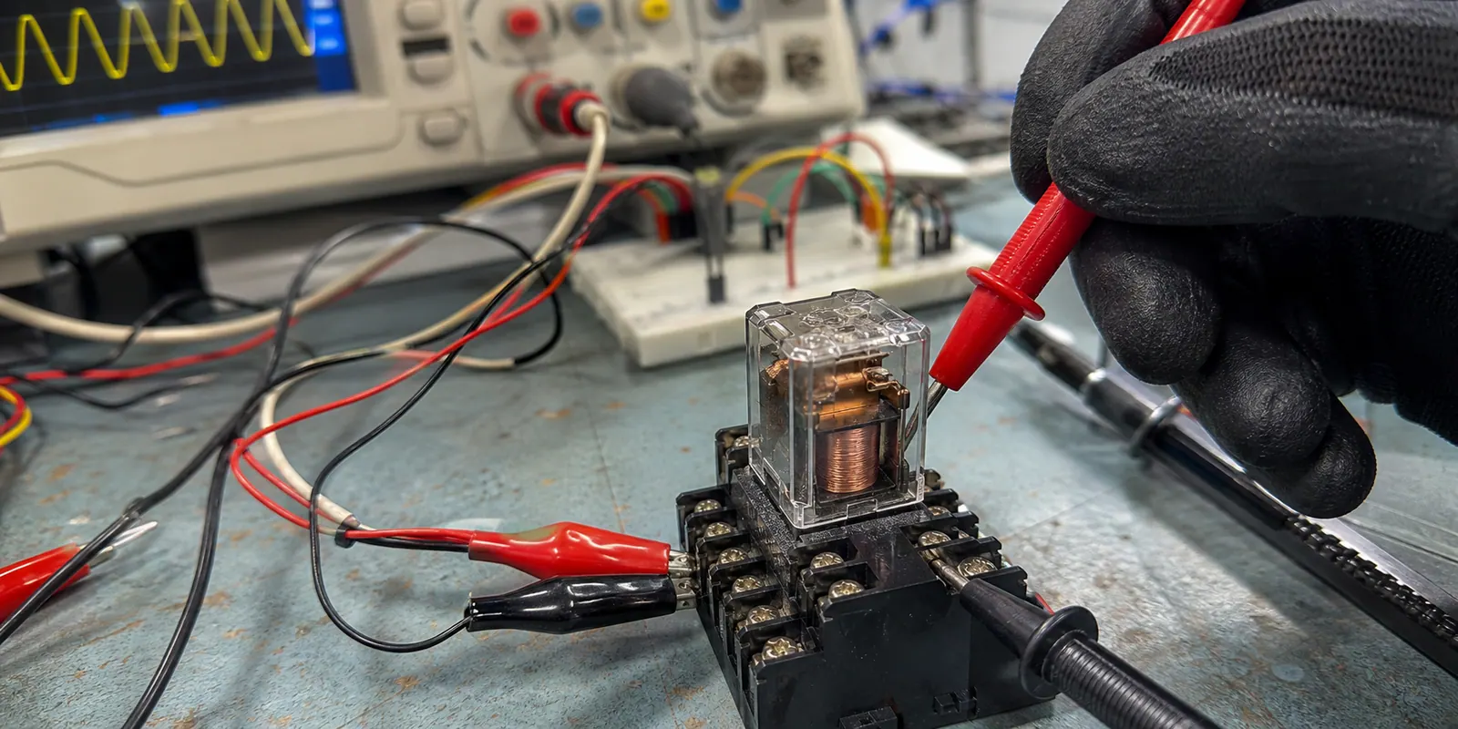 Relay coil voltage being checked on a test bench
