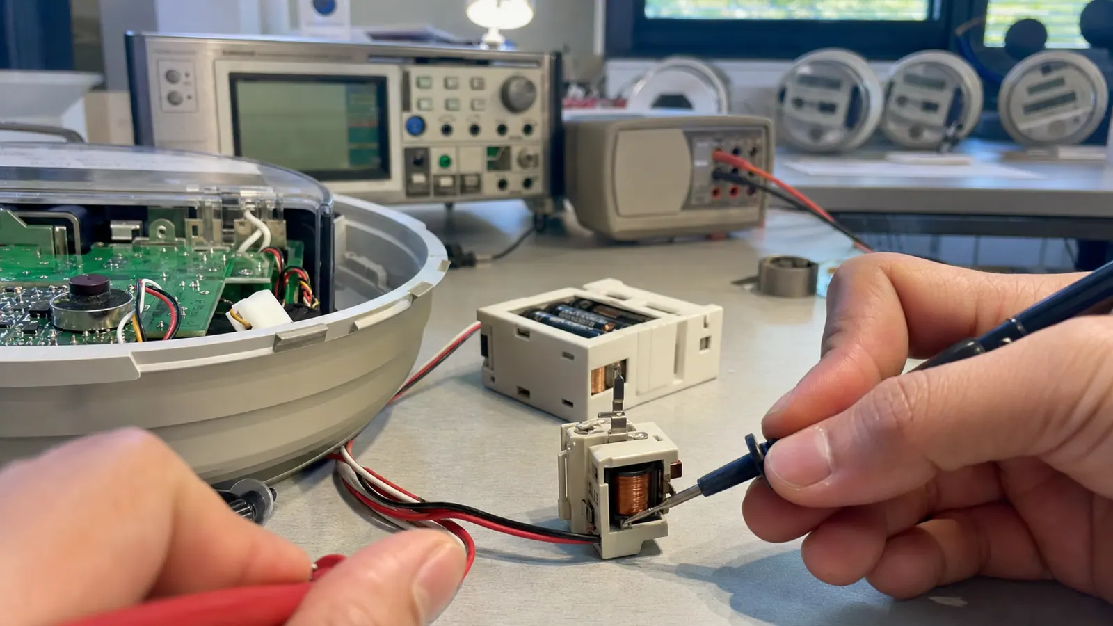 Low-power latching relay test for metering equipment